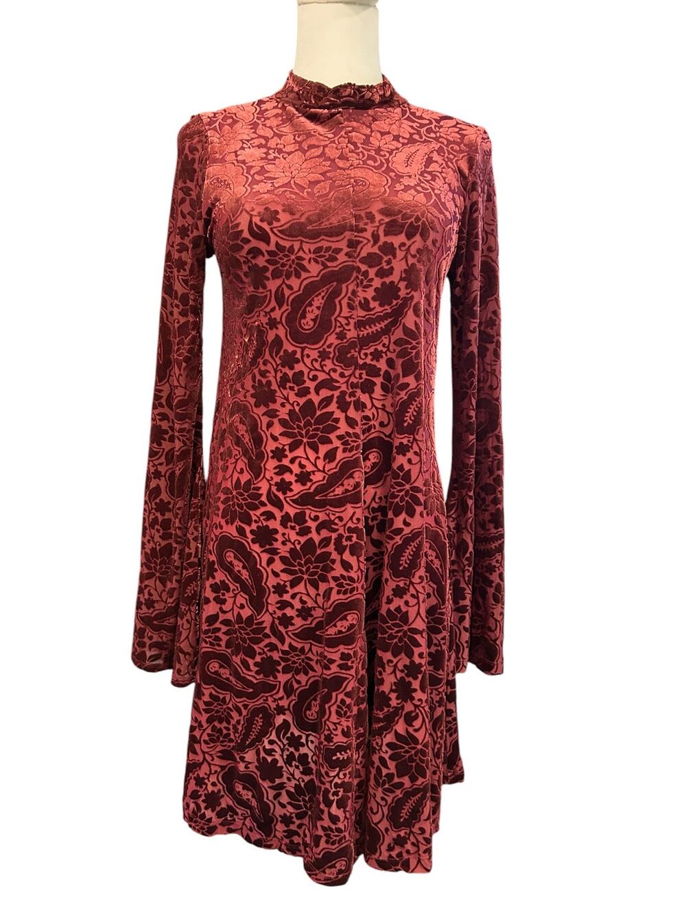 Old Navy Burgundy Dress Romantic Goth Paisley Burnout Velvet Bell Sleeve Medium